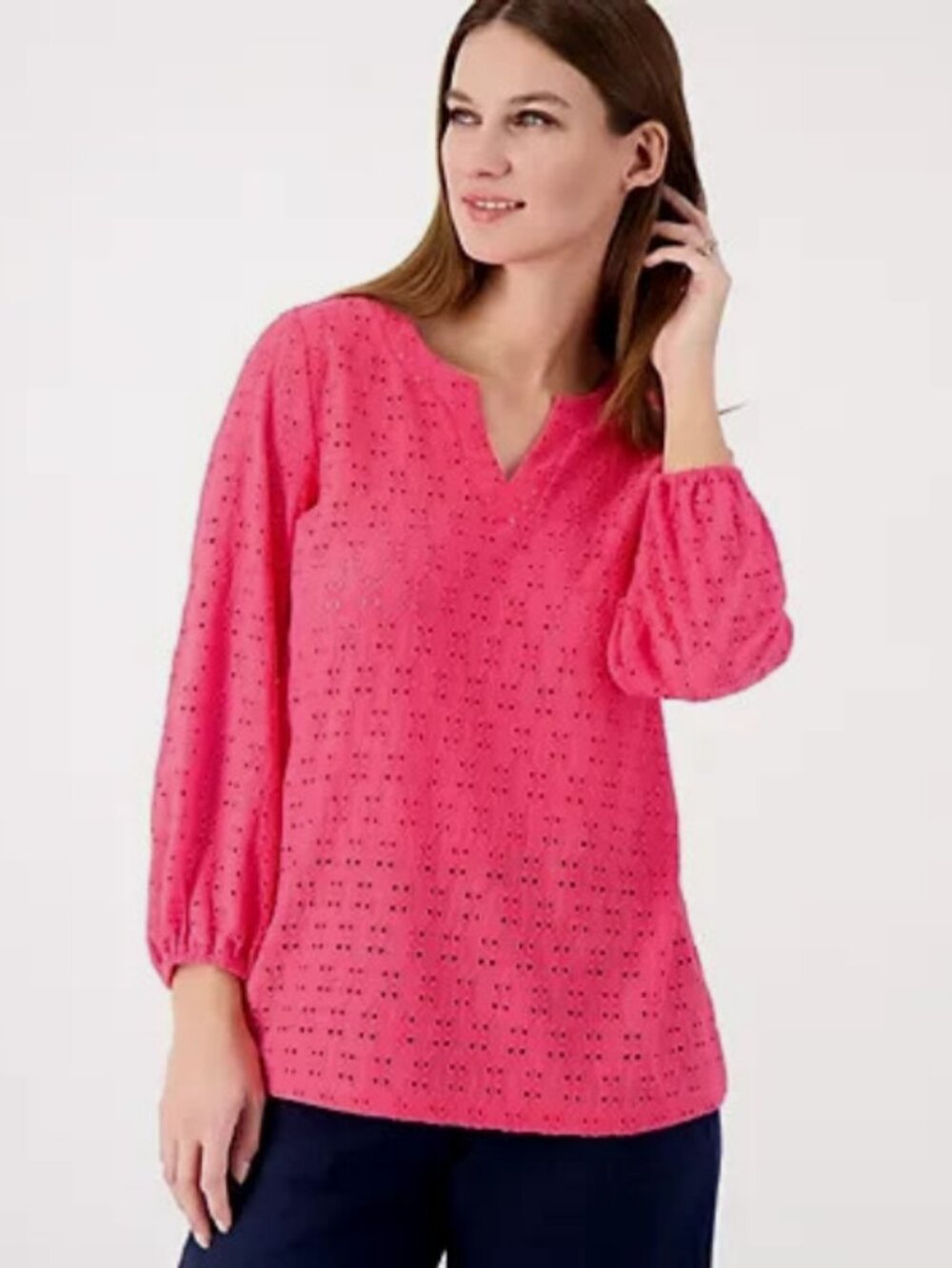 Susan Graver Passport Knit Eyelet 3/4 Sleeve Top Paradise Pink Size XS